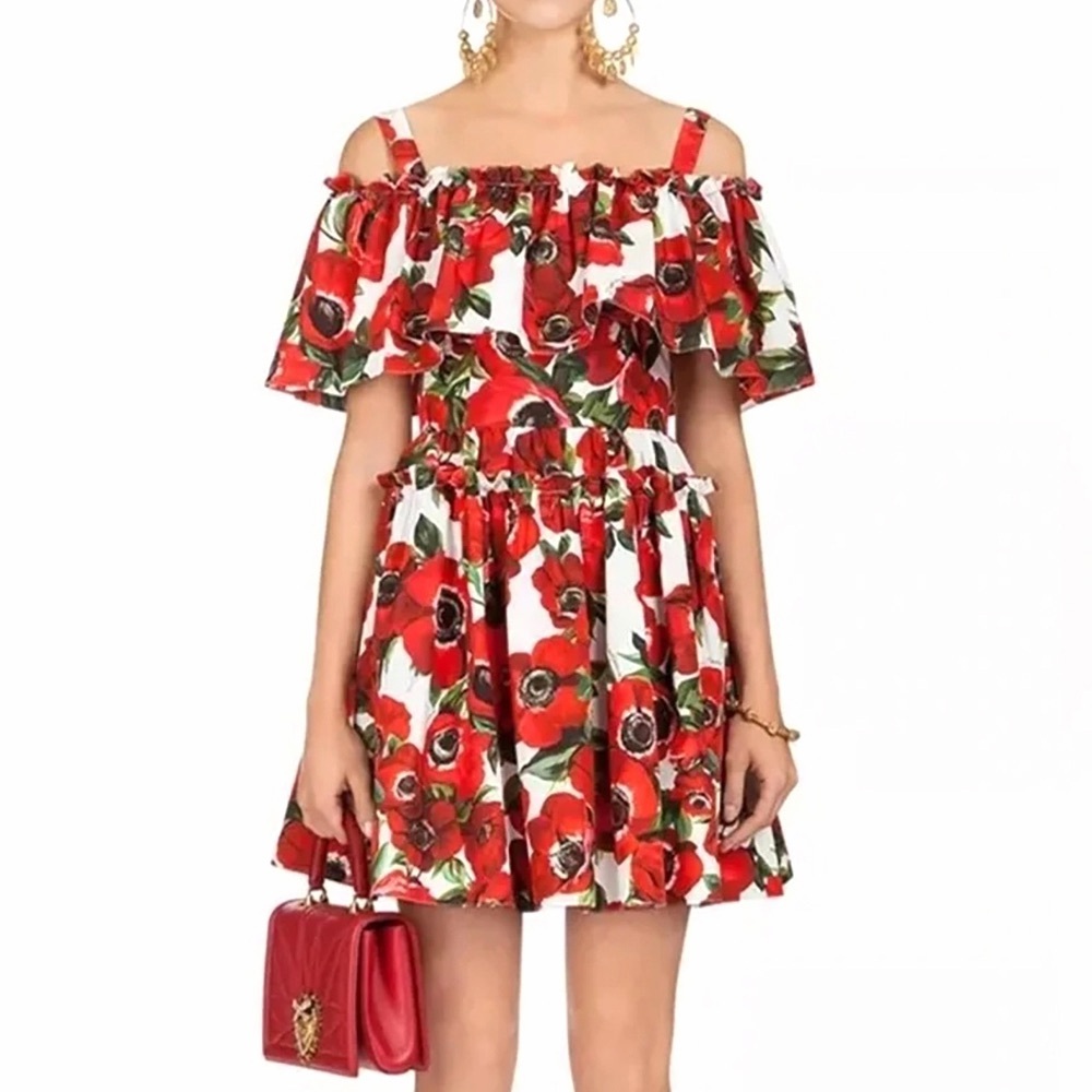 Dolce & Gabbana Poppy Anemone Red White Floral Mini Dress Cold Shoulder IT 40